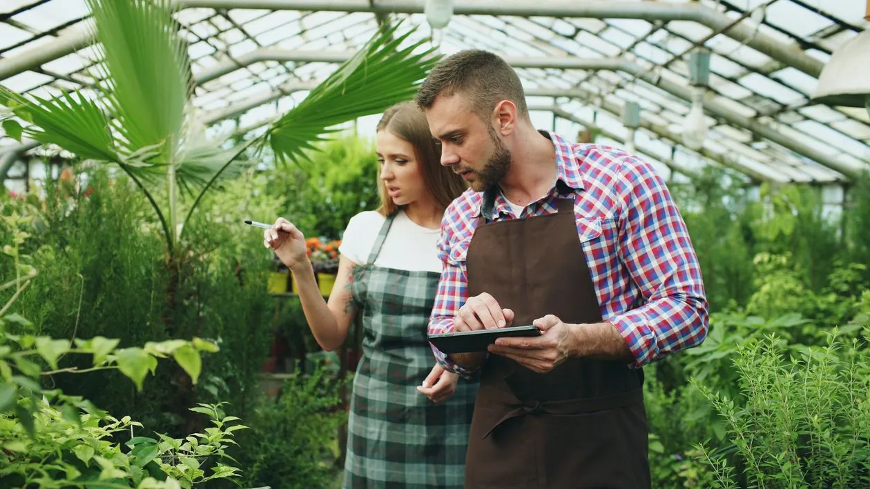 Greenhouse workers using a tablet to manage plant care